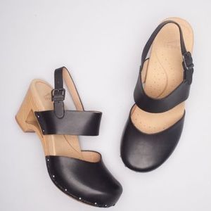 DANSKO Thea Black Leather Wedge Clogs-Cutout Heel